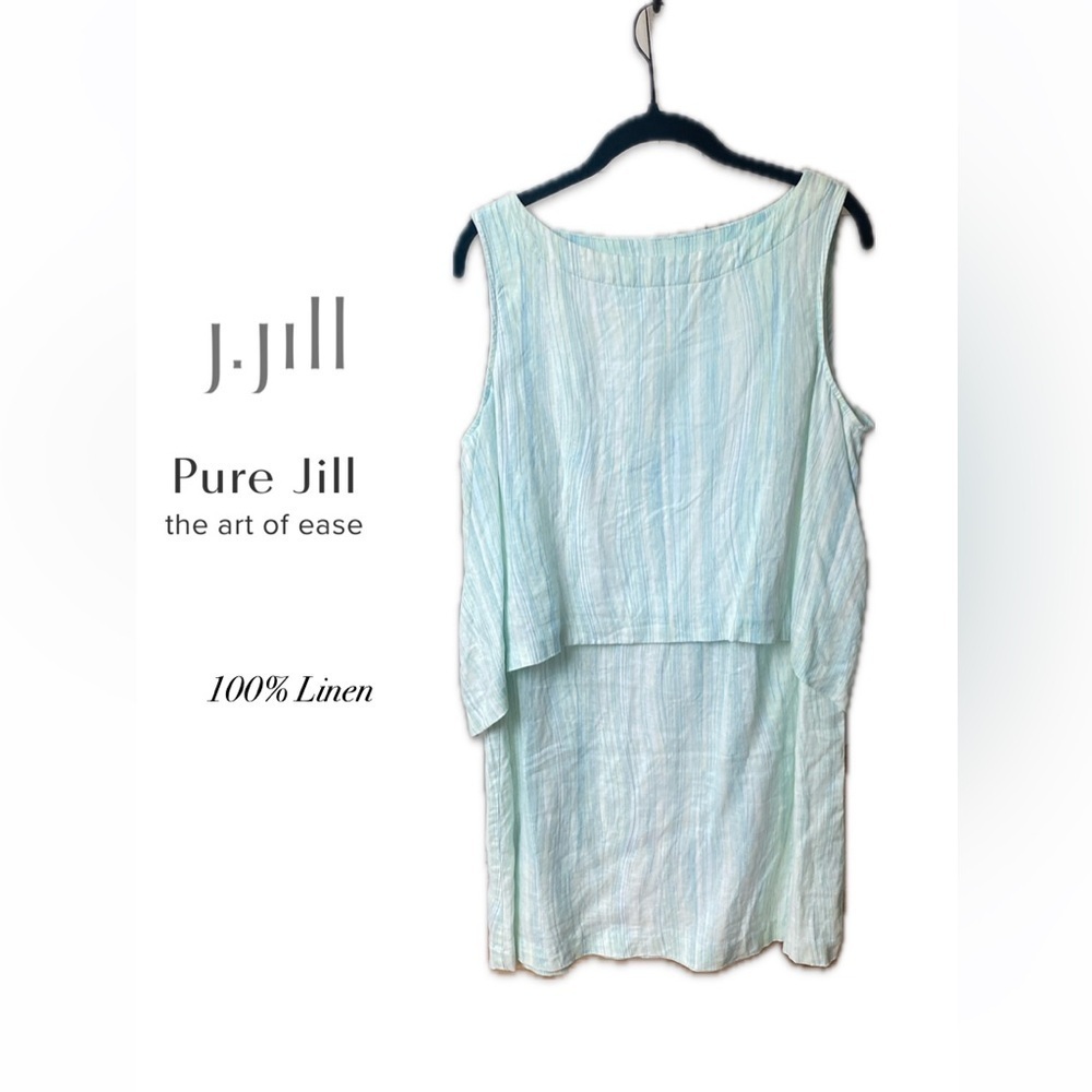 J Jill 100% Linen Dress Blue Green A-line Sleeveless Tiered Blouson Size PM